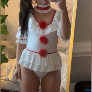 White Bodysuit with Red Pom-Poms and Ruffles